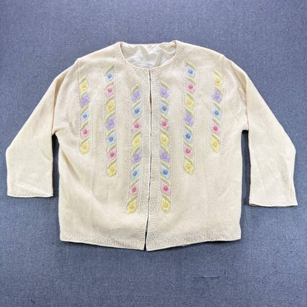 Vintage Windsor Beaded Pastel Floral Wool Cardigan Sweater Cream Project Piece